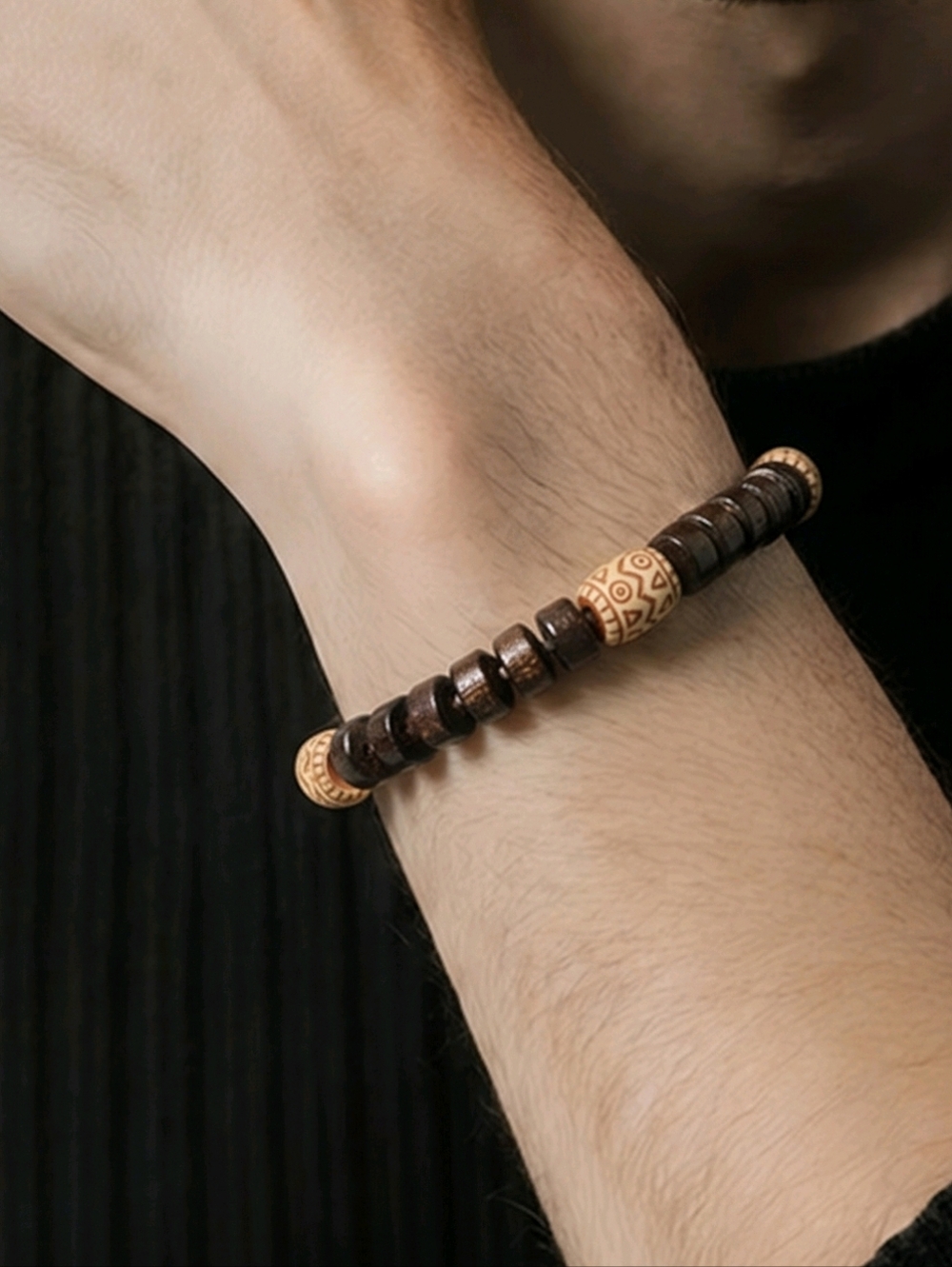 Wood Bead Bracelet Tribal Pattern Stretch Bracelet Boho Ethnic Unisex Natural